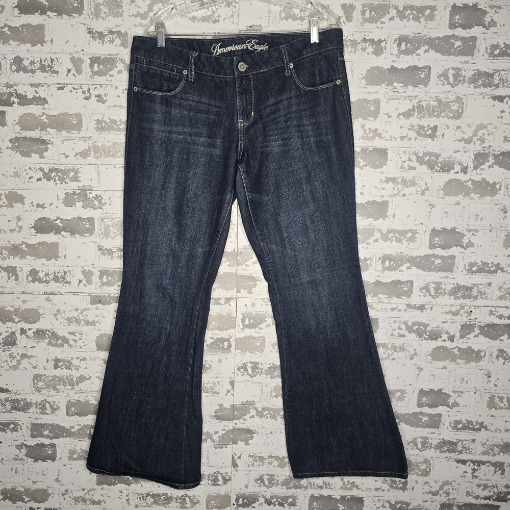 American Eagle Jeans Women 14 Long Real Flare Boho Dark Blue Wash Stretch Denim